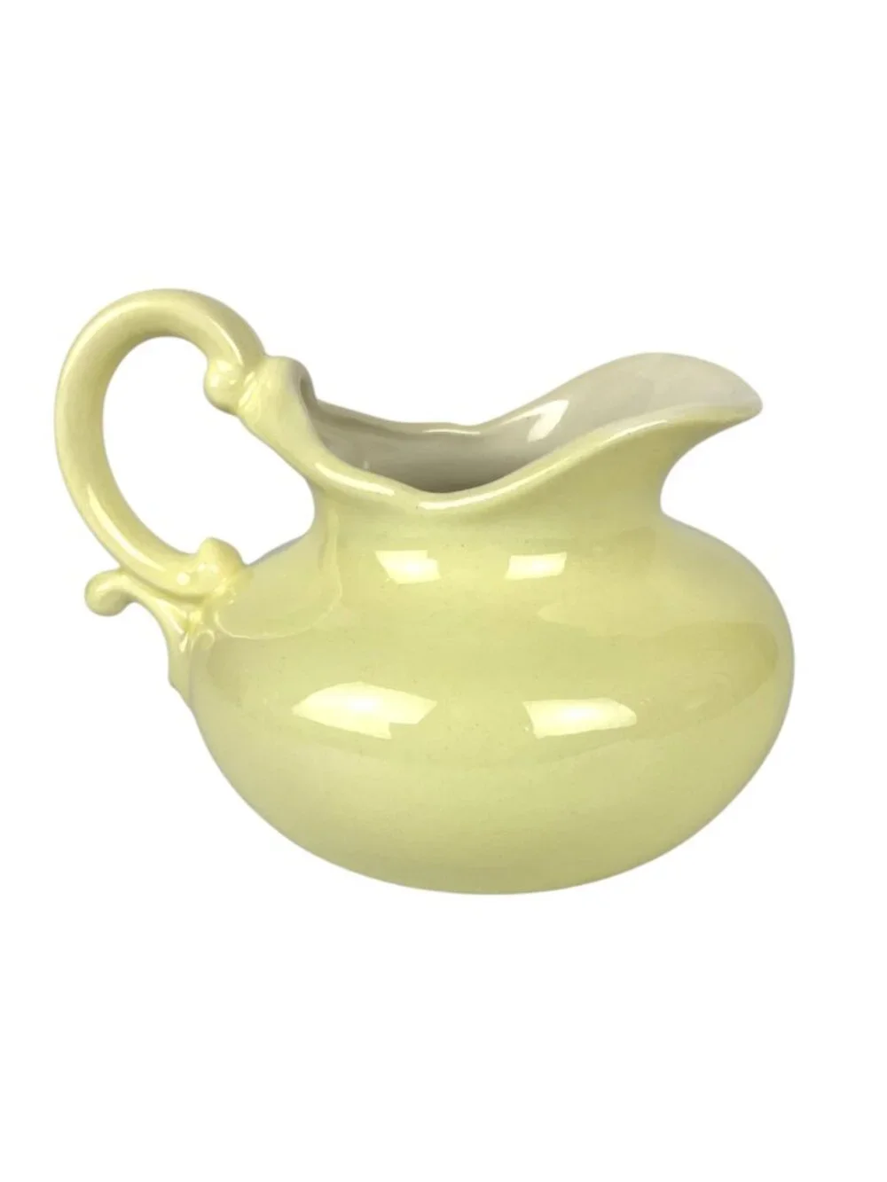 Vintage Pale Yellow Ceramic Pitcher With Ornate Handle Retro Country Decor